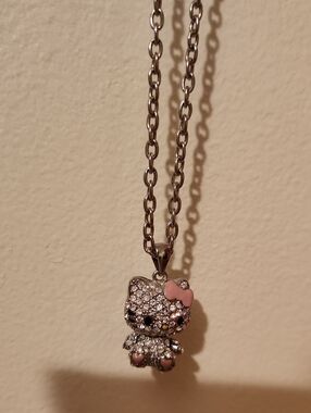Hello Kitty Silver Crystal Pendant Necklace with Pink Accents